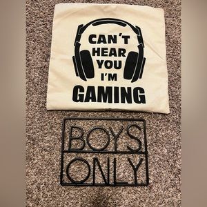 Gaming Boys Bundle— Throw pillow cover and “boys only” metal sign